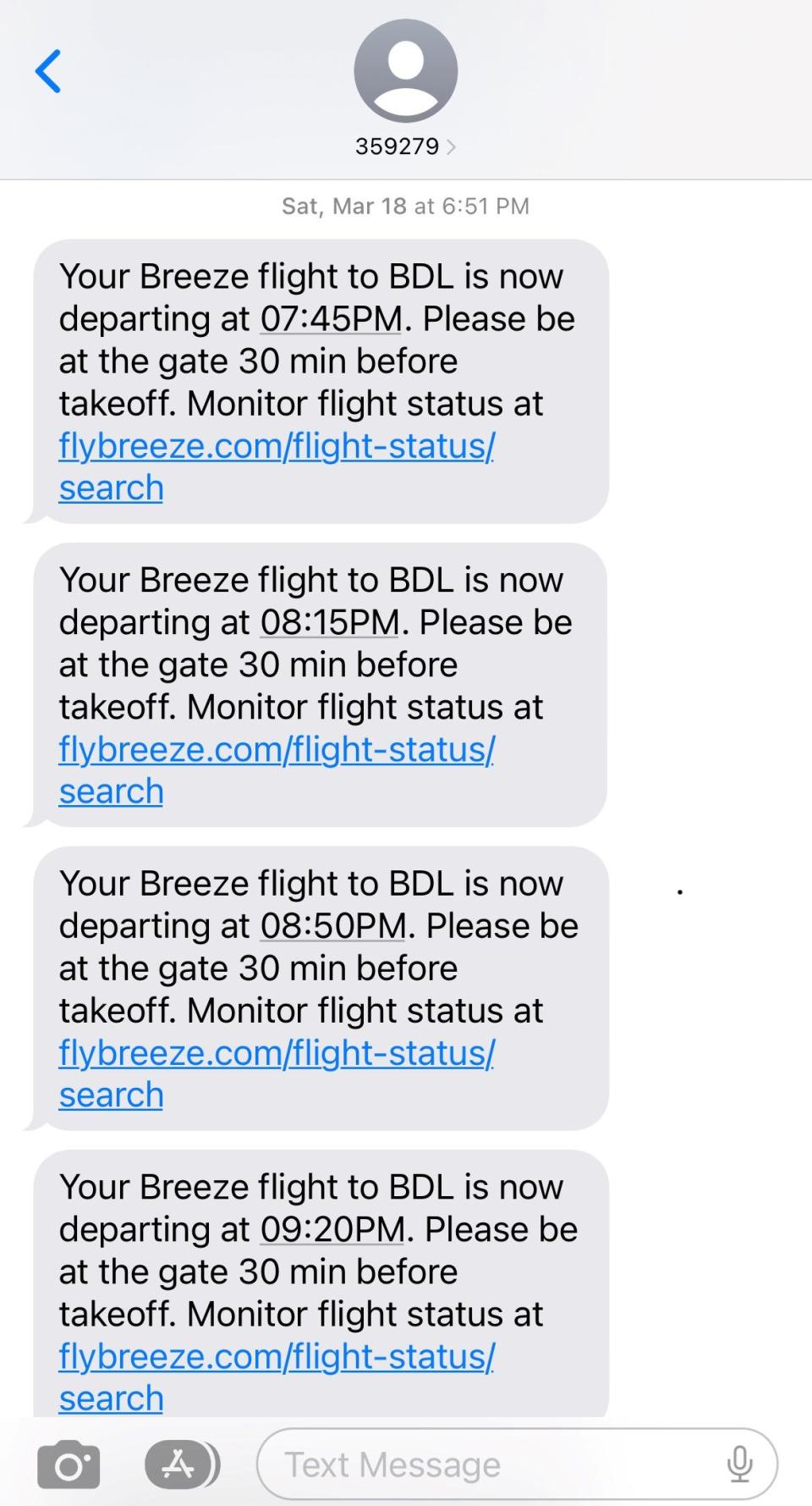 A phone screenshot shows some of the text messages Breeze Airways passengers received about continual delays from the Vero Beach Municipal Airport on March 18, 2023.