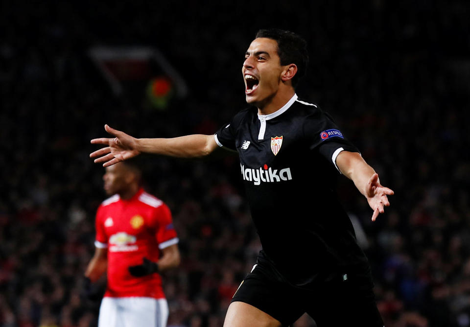 Soccer Football – Champions League Round of 16 Second Leg – Manchester United vs Sevilla – Old Trafford, Manchester, Britain – March 13, 2018 Sevilla’s Wissam Ben Yedder celebrates scoring a goal Action Images via Reuters/Jason Cairnduff