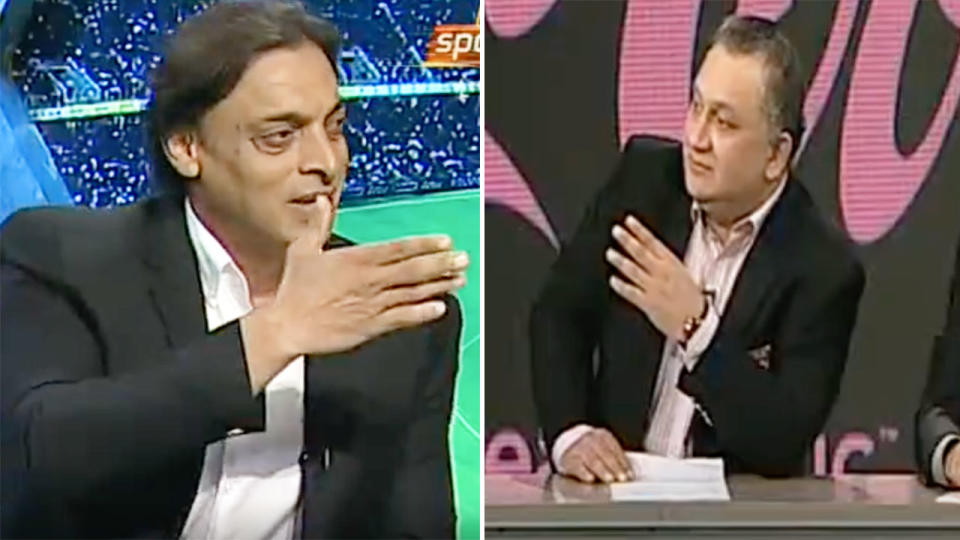 Pictured here, Shoaib Akhtar and Dr Nauman Niaz have a discussion on Pakistan TV.