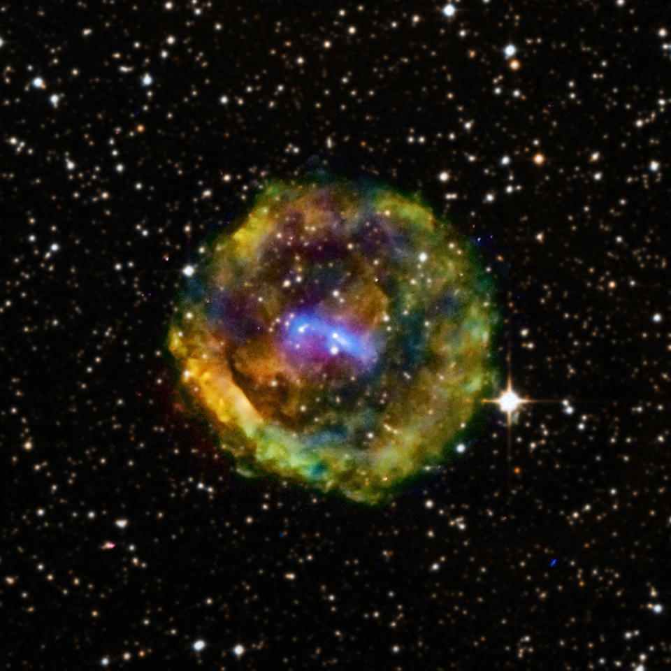 When a star explodes it leaves behind a massive cloud of gas, such as the bright yellow-green wisps of debris seen in this new photo of the supernova remnant called G11.2-0.3.