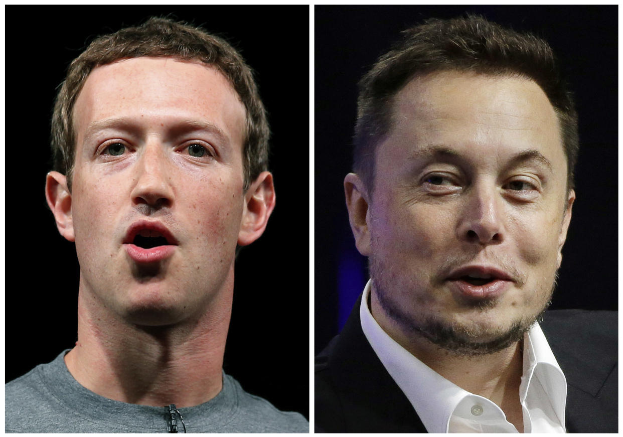 This combo of file images shows Facebook CEO Mark Zuckerberg, left, and Tesla and SpaceX CEO Elon Musk. 