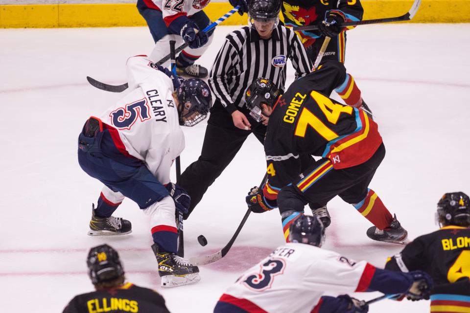 Wranglers’ Logan Cleary (5) attacking as puck drops during a divisional game Friday January 14th, Ice Wolves at Wranglers in Amarillo, TX. Trevor Fleeman/For Amarillo Globe-News.