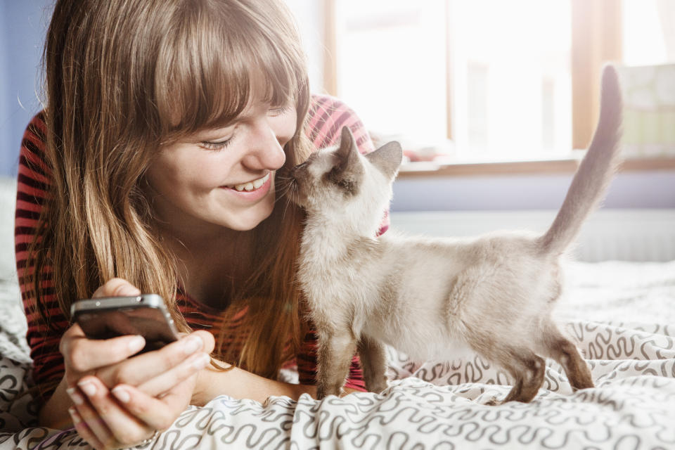 Girl taking a break, on phone with cat. (Getty Images)