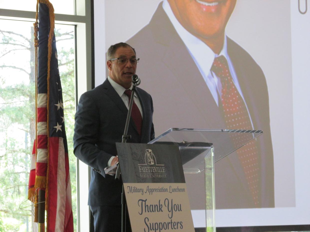 Retired Gen. Michael Garrett speaks during Fayetteville State University's inaugural military appreciation luncheon on Wednesday, April 10, 2023. Garrett has taken on the role of executive in residence at FSU.