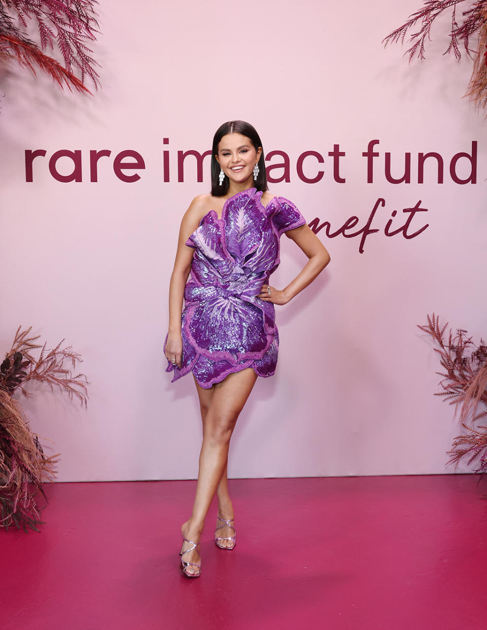 selena gomez, rare beauty, selena gomez purple dress, purple metallic heels, rare impact fund, fundraiser, red carpet