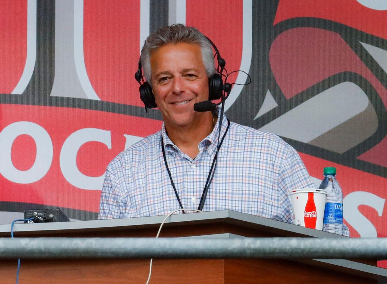 Thom Brennaman inside a Cincinnati Reds broadcasting booth before a game in 2019. On Sept. 1, 2022, Brennaman launched his new sports show, "Off the Bench with Thom Brennaman presented by UDF."