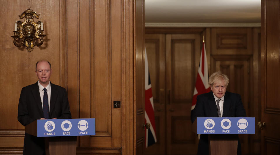 Prime Minister Boris Johnson (right) and Chief Medical Officer Professor Chris Whitty during a media briefing on coronavirus (COVID-19) in Downing Street, London.