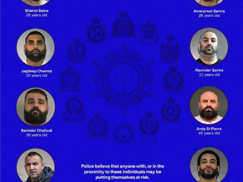 The Combined Forces Special Enforcement Unit is warning the public to avoid these 11 men. (CFSEU-BC - image credit)