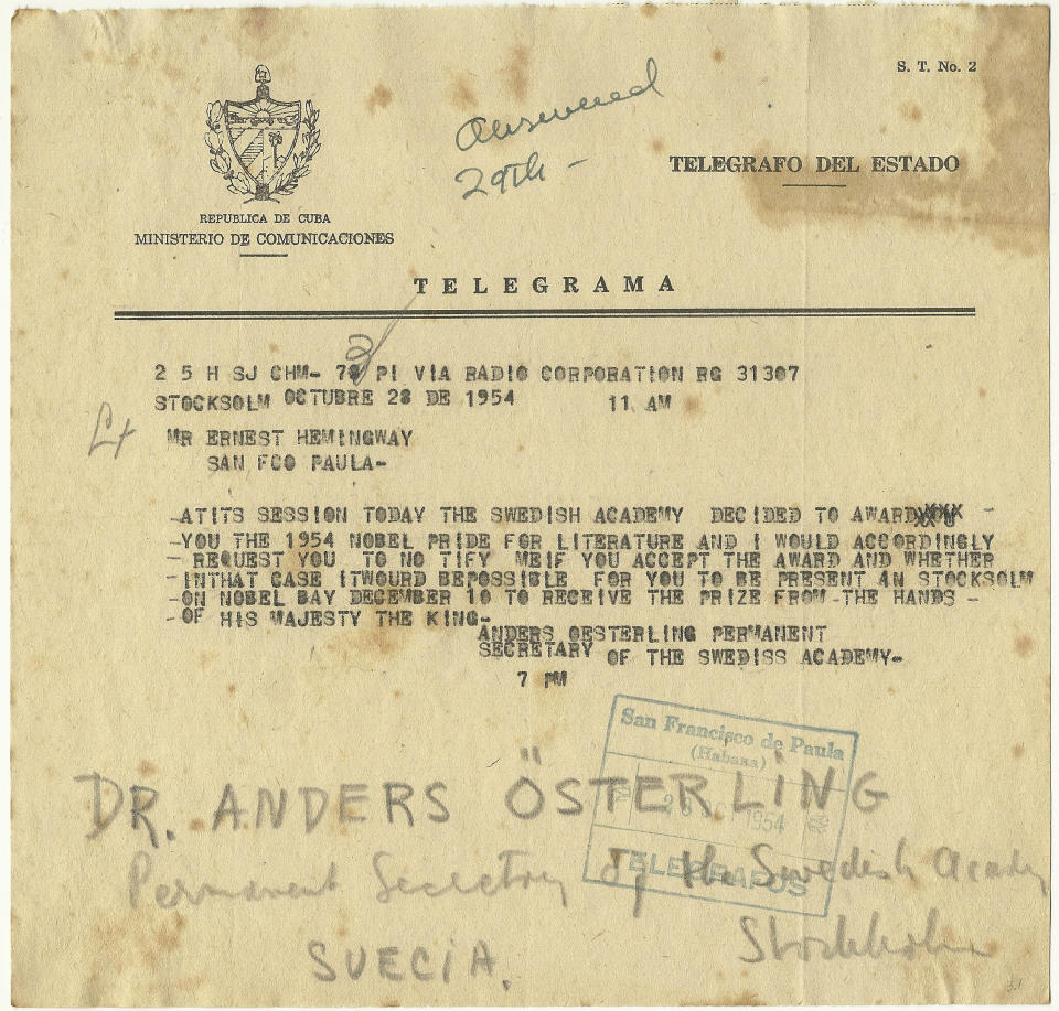 This photo released Tuesday, Feb. 11, 2014 by the John F. Kennedy Presidential Library and Museum in Boston, shows a telegram notifying Ernest Hemingway he had won the 1954 Nobel Prize in Literature, one of many new items from Hemingway's former Cuban estate being made available at the museum. To date, the Kennedy Library has the world’s largest collection of Hemingway’s life and work, containing most of his manuscript material. (AP Photo/John F. Kennedy Library and Museum) NO SALES.
