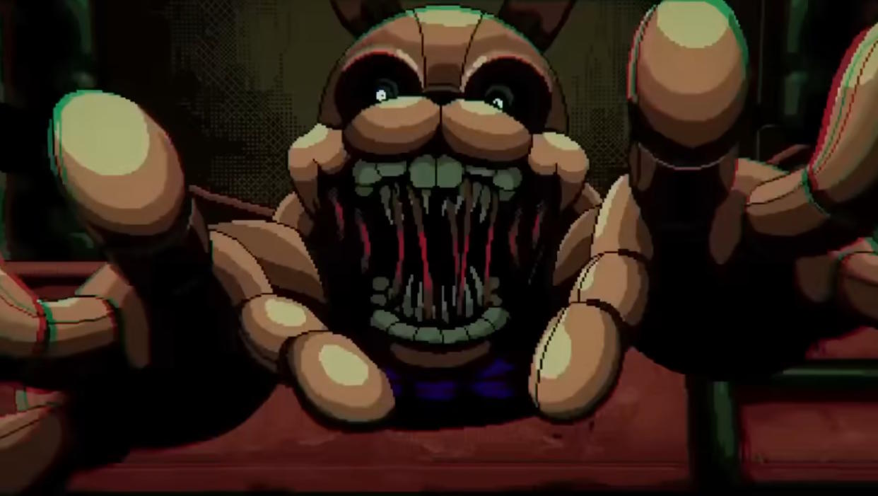  Five Nights at Freddy's: Into the Pit trailer still: Springbonnie leaping at the player. 