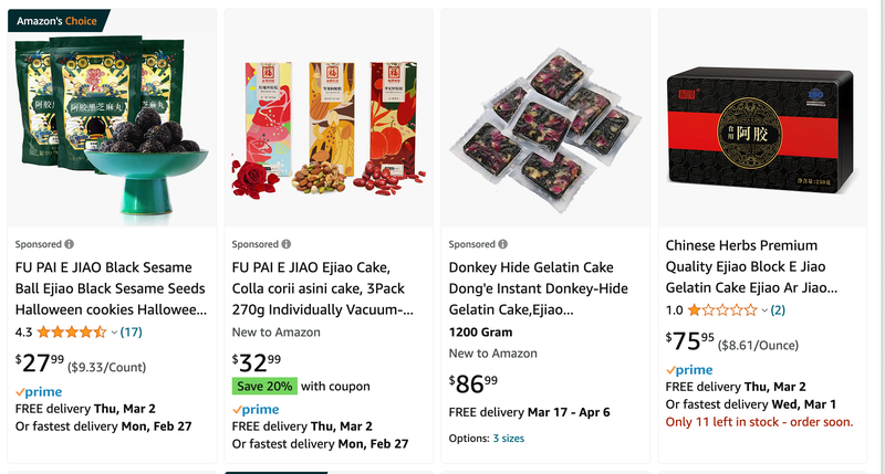 One product explicitly labeled as ‘Donkey Hide Gelatin’ was picked up in the sponsored section of Amazon’s marketplace.