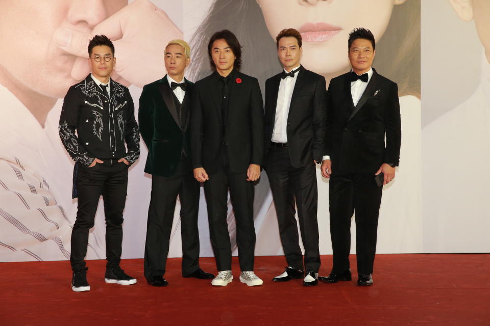 HONG KONG, CHINA – APRIL 14: (L-R) Actor Jerry Lamb Hiu-fung, actor Jordan Chan Siu-Chun, actor Ekin Cheng, actor Michael Tse and actor Chin Ka-lok pose on the red carpet of the 38th Hong Kong Film Awards Ceremony at the Hong Kong Cultural Centre on April 14, 2019 in Hong Kong, China. (Photo by VCG/VCG via Getty Images)