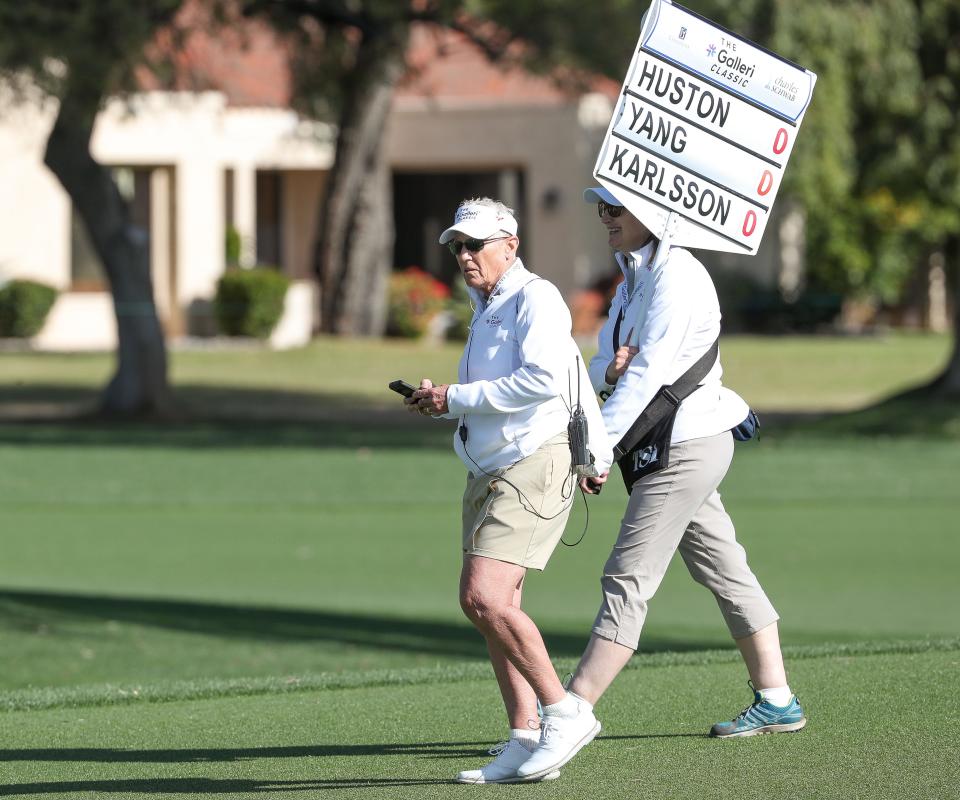 Patty Sheehan, left, the former LPGA champ and Hall of Famer, walks the first hole with Eleanor Blades during the Galleri Classic at Mission Hills Country Club in Rancho Mirage, March 24, 2023. 