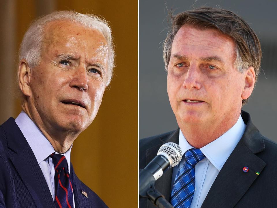 Brazilian President Jair Bolsonaro (right) rejected Democratic presidential nominee Joe Biden's pledge to raise $20 billion in international funds to help Brazil protect the Amazon rainforest, which has suffered record outbreaks of fires over the last two years. (Photo: Getty Images)