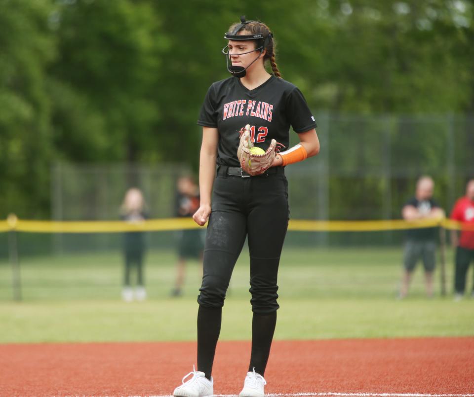 White Plains' Serena Gillen on the mound during the Section 1 Class AA softball semifinal versus Arlington on May 24, 2022. 