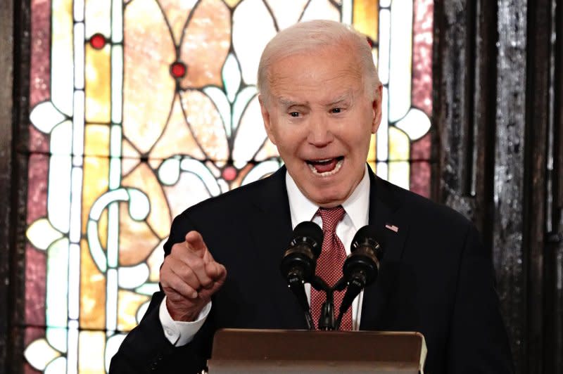 President Joe Biden delivers remarks at the Mother Emanuel AME Church in Charleston, S.C., on Monday. Lies and truth were the prevailing theme of the president's second big speech this election year, days after an impassioned speech in Pennsylvania rebuking former President Donald Trump. Photo by Richard Ellis/UPI