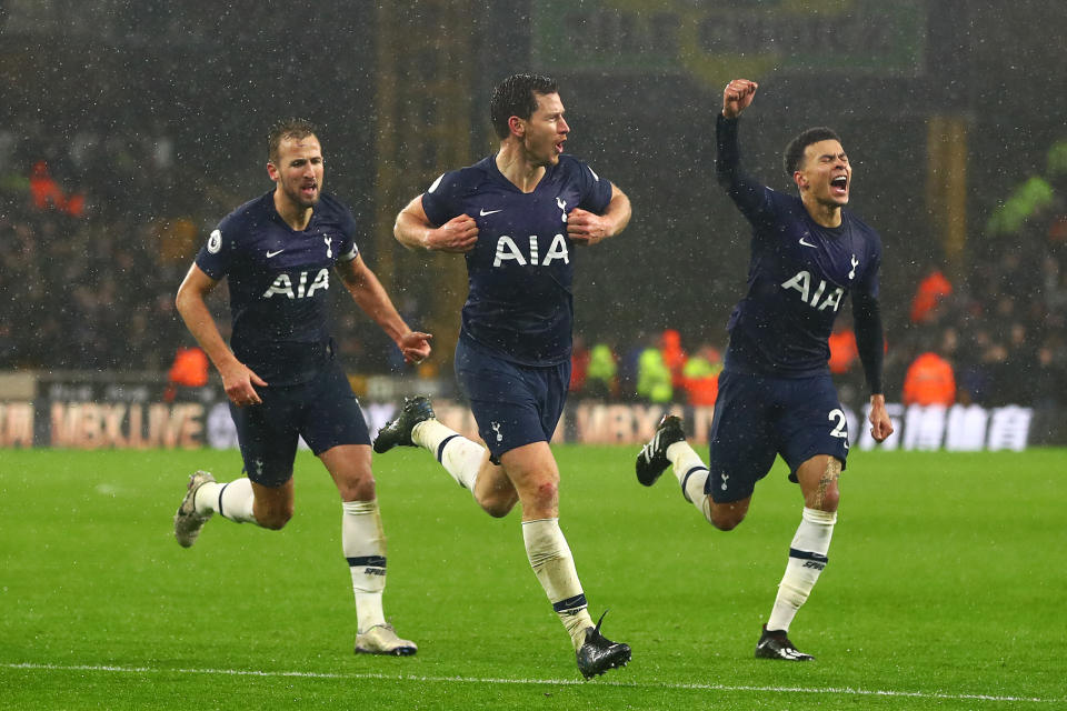 Jan Vertonghen (middle) scored the stoppage time winner for Tottenham against Wolverhampton Wanderers. (Chris Brunskill/Getty)