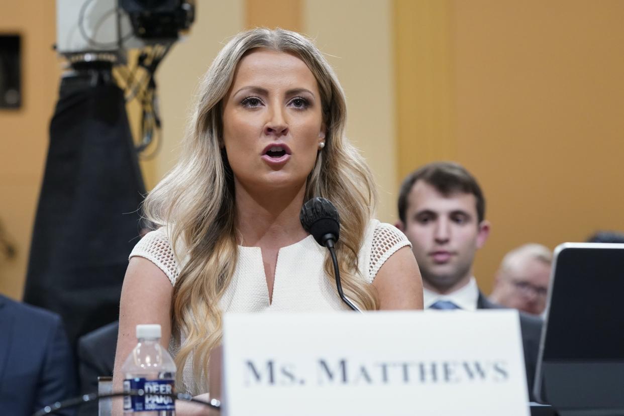 Sarah Matthews, former White House deputy press secretary, testifies as the House select committee investigating the Jan. 6 attack on the U.S. Capitol holds a hearing at the Capitol in Washington, Thursday, July 21, 2022. (AP Photo/Patrick Semansky)