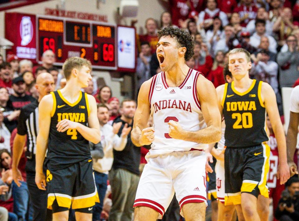 Indiana’s Anthony Leal (3) celebrates an Iowa turnover during the second half of the Indiana versus Iowa men’s basketball game at Simon Skjodt Assembly Hall on Tuesday, Jan. 30, 2024.