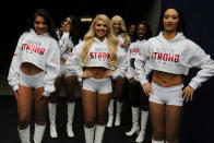 <p>Texan cheerleaders wait to perform while wearing Houston Strong tops during the Houston Texans NFL football game following the aftermath of tropical storm Harvey in Houston, Texas, U.S., September 10, 2017. REUTERS/Mike Blake </p>