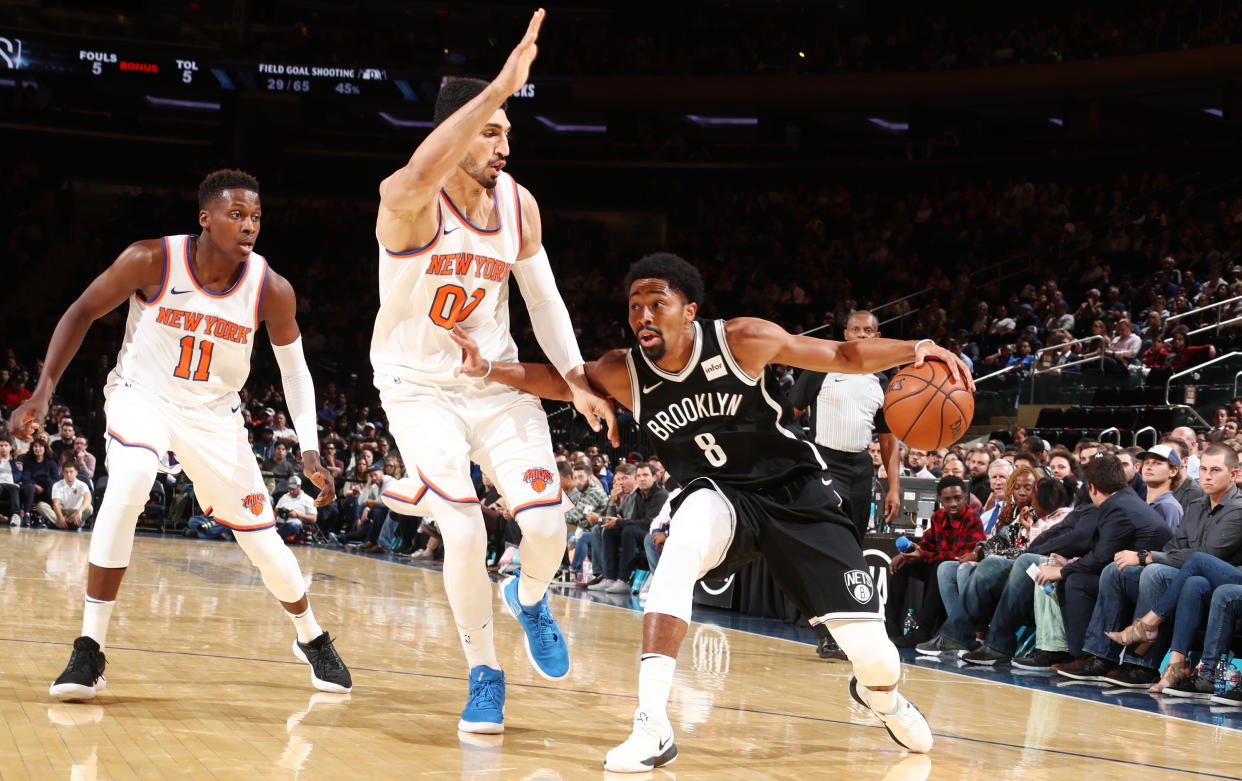That classic New York basketball rivalry between Knicks center Enes Kanter and Nets guard Spencer Dinwiddie. (Getty Images)