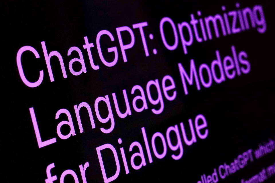 FILE - Text from the ChatGPT page of the OpenAI website is shown in this photo, in New York, Feb. 2, 2023. About 900 software developers and other attendees showed up to the inaugural developer conference for the artificial intelligence company behind ChatGPT Monday, Nov. 6, 2023 embracing a Silicon Valley tradition for technology showcases that Apple helped pioneer decades ago. (AP Photo/Richard Drew, File)