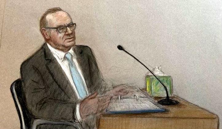 A courtroom sketch shows actor Kevin Spacey giving evidence at his sexual assault trial at London's Southwark Crown Court in the U.K., July 13, 2023.   / Credit: JULIA QUENZLER