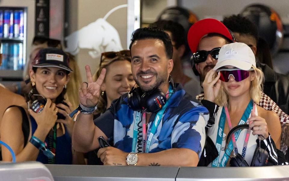 Puerto Rican singer Luis Fonsi visits the Red Bull garage during the third practice session at the Formula One Miami Grand Prix at the Miami International Autodrome on Saturday, May 6, 2023, in Miami Gardens, Fla.