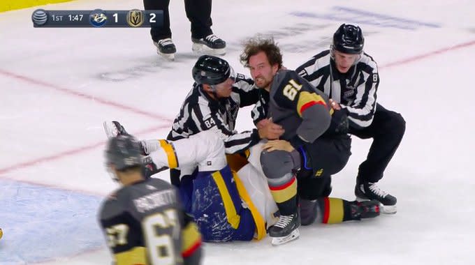 Mark Stone of the Vegas Golden Knights and Roman Josi of the Nashville Predators collided in a brief, but powerful fight on Tuesday night. (Twitter//@DimFilipovic)