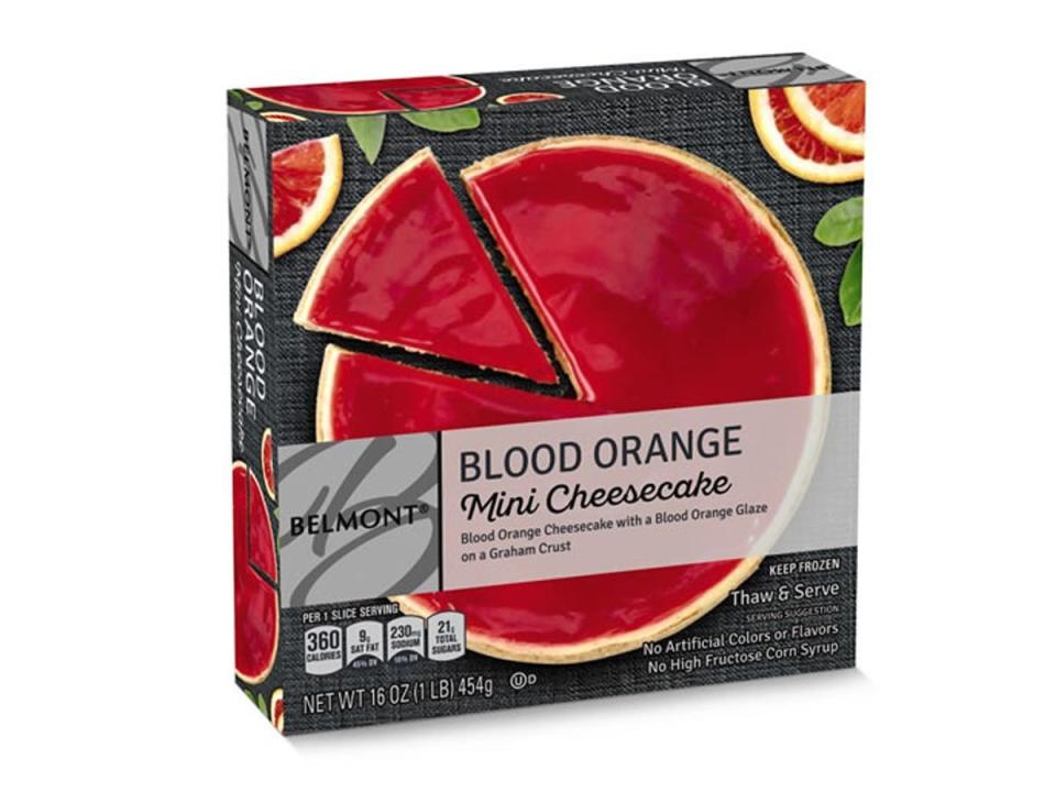 Aldi photo of black and red box of blood orange cheesecake against white background