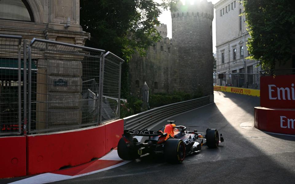 Red Bull's Dutch driver Max Verstappen steers his car during the second practice session ahead of the Formula One Azerbaijan Grand Prix at the Baku City Circuit in Baku on June 10, 2022. - AFP