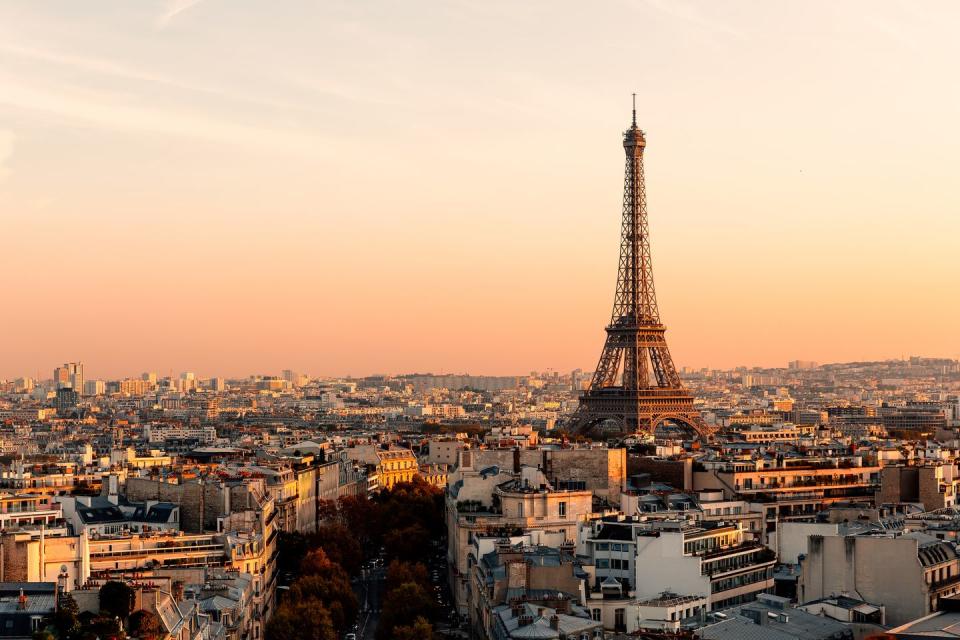 aerial view of paris streets and eiffel tower at sunset, france