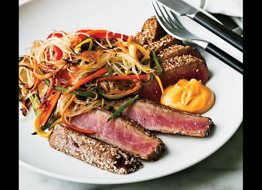 <strong>Get the <a href="http://www.huffingtonpost.com/2011/10/27/sesame-crusted-tuna-with-_n_1058677.html" target="_hplink">Sesame-Crusted Tuna with Ginger Cream recipe</a></strong>