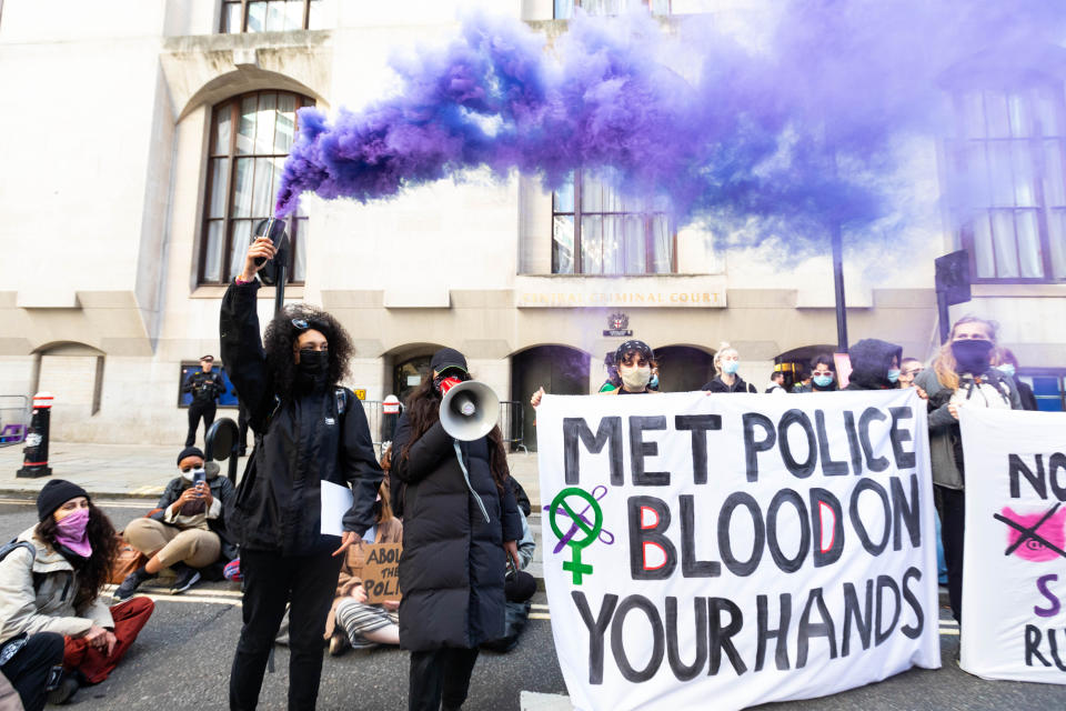 Members of Sisters Uncut take part in a Kill the Bill protest against the Police, Crime, Sentencing and Courts Bill outside the Old Bailey in London. Picture date: Wednesday September 29, 2021.