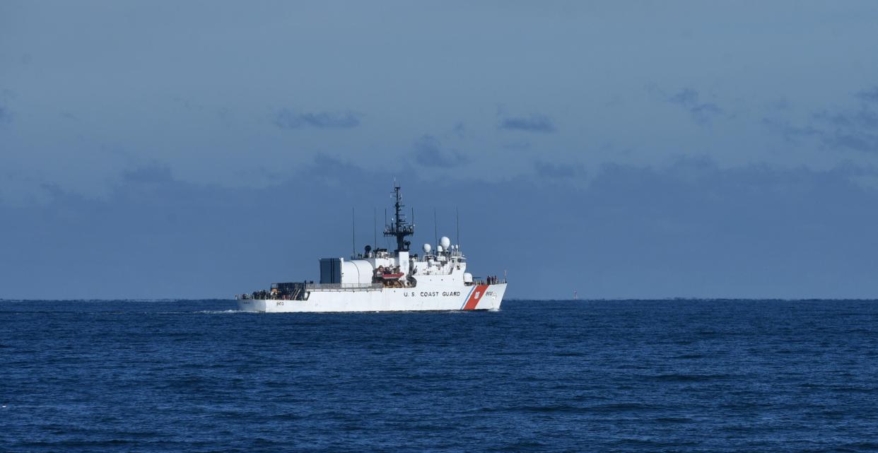 SANDWICH -- The 270-foot Coast Guard Cutter Tampa, homebased in Portsmouth, Virginia, steams east into Cape Cod Bay after a Thursday morning transit of the Cape Cod Canal.