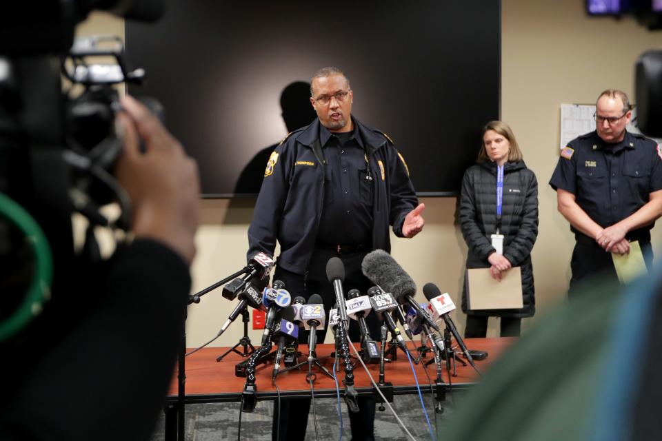 Waukesha Police Chief Daniel Thompson speaks to the media.