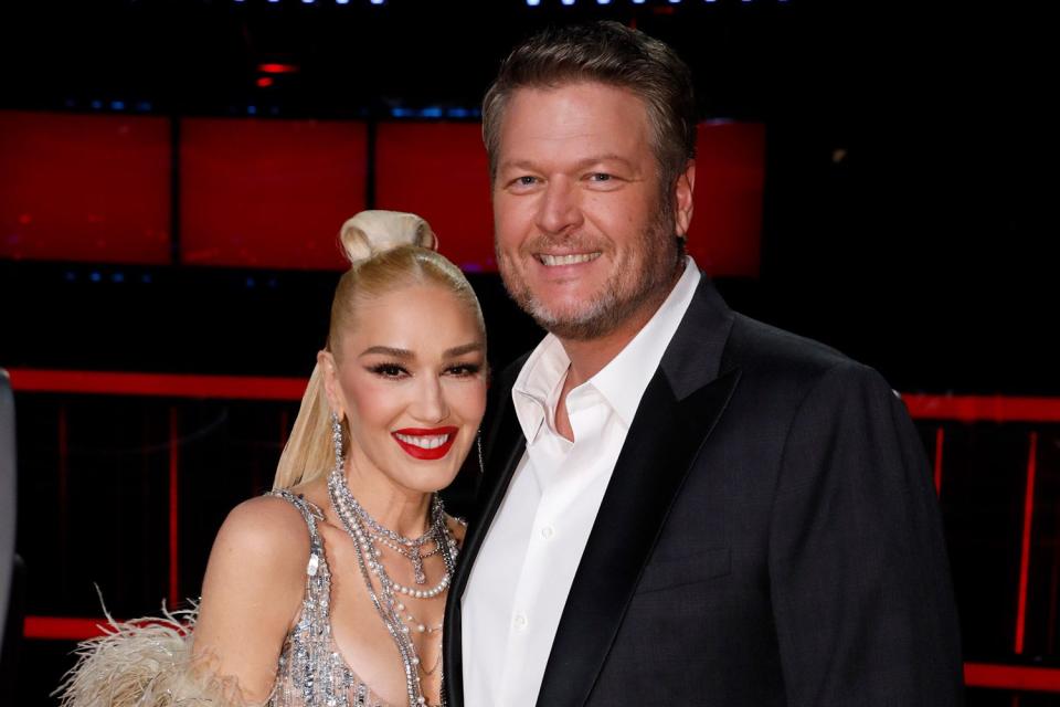 <p>Trae Patton/NBC </p> Blake Shelton and Gwen Stefani posing alongside each other 