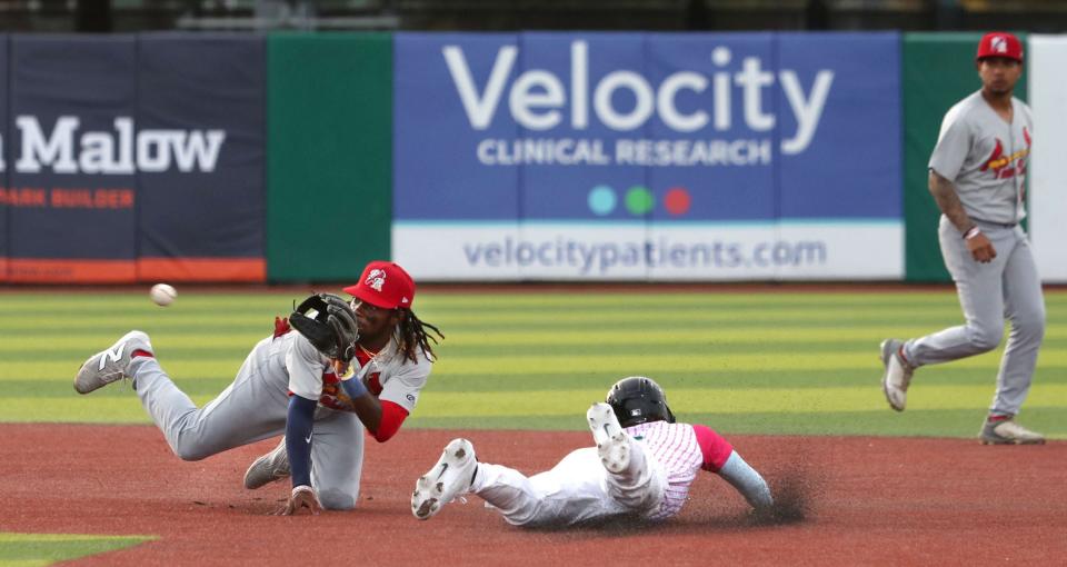 Daytona's Dominic Pitelli (3) slides into second for a stolen base as Palm Beach's Tre Richardson (7) receives the catcher's throw during the Tortugas' first home game of the 2024 season, Tuesday, April 9, 2024, at Jackie Robinson Ballpark.