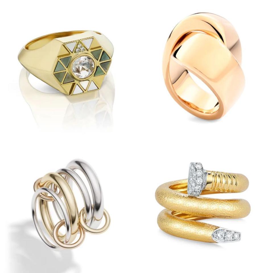 <p>"The return of statement rings and fashion cocktail rings look best stacked and piled on."</p><p><a href="https://go.skimresources.com/?id=74968X1525079&xs=1&url=https%3A%2F%2Fwww.nordstrom.com%2Fs%2Fspinelli-kilcollin-cici-linked-rings%2F5448977%3Forigin%3Dkeywordsearch-personalizedsort%26breadcrumb%3DHome%252FAll%2520Results%26color%3D710" rel="noopener" target="_blank" data-ylk="slk:Spinelli Kilcollin;elm:context_link;itc:0;sec:content-canvas" class="link ">Spinelli Kilcollin</a> Cici Linked Rings, $2,200</p><p><a href="https://go.skimresources.com/?id=74968X1525079&xs=1&url=https%3A%2F%2Fwww.nordstrom.com%2Fs%2Fvhernier-abbraccio-knot-ring%2F5901007%3Forigin%3Dcategory-personalizedsort%26breadcrumb%3DHome%252FWomen%252FJewelry%252FFine%2520Jewelry%26fashioncolor%3DBlue%26color%3D651" rel="noopener" target="_blank" data-ylk="slk:Vhernier;elm:context_link;itc:0;sec:content-canvas" class="link ">Vhernier</a> Abbraccio Knot Ring, $4,850</p><p><a href="https://go.skimresources.com/?id=74968X1525079&xs=1&url=https%3A%2F%2Fwww.nordstrom.com%2Fs%2Fdavid-webb-diamond-nail-bypass-ring%2F5920898%3Forigin%3Dcategory-personalizedsort%26breadcrumb%3DHome%252FBrands%252FDavid%2520Webb%26color%3D710" rel="noopener" target="_blank" data-ylk="slk:David Webb;elm:context_link;itc:0;sec:content-canvas" class="link ">David Webb</a> Diamond Nail Bypass Ring, $7,400</p><p><a href="https://go.skimresources.com/?id=74968X1525079&xs=1&url=https%3A%2F%2Fwww.nordstrom.com%2Fs%2Fharwell-godfrey-elements-shell-inlay-pinky-ring%2F5393286%3Forigin%3Dkeywordsearch-personalizedsort%26breadcrumb%3DHome%252FAll%2520Results%26color%3D710" rel="noopener" target="_blank" data-ylk="slk:Harwell Godfrey;elm:context_link;itc:0;sec:content-canvas" class="link ">Harwell Godfrey</a> Elements Shell Inlay Pinky Ring, $2,450</p>