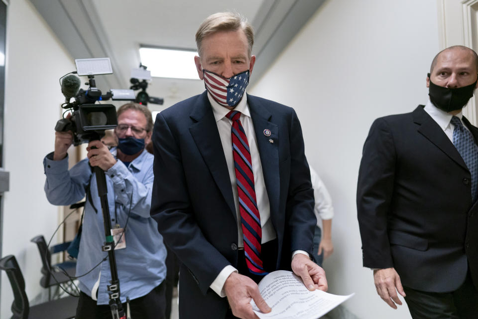 Republican Rep. Paul Gosar of Arizona, leaves his office as the House of Representatives prepares to vote on a resolution to formally rebuke him for tweeting an animated video that depicted him striking Rep. Alexandria Ocasio-Cortez, D-N.Y., with a sword, on Capitol Hill in Washington, Wednesday, Nov. 17, 2021. In addition to the official censure, House Democrats want to oust him from his seats on the House Oversight Committee and the Natural Resources Committee. (AP Photo/J. Scott Applewhite)