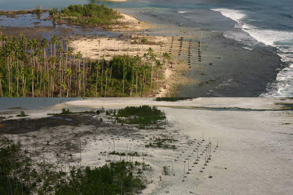 Before (top) and after (bottom) photos of Nias Island off the west coast of Sumatra in Indonesia. The island was uplifted more than 8 feet (2.5 meters) during at 2005 earthquake.