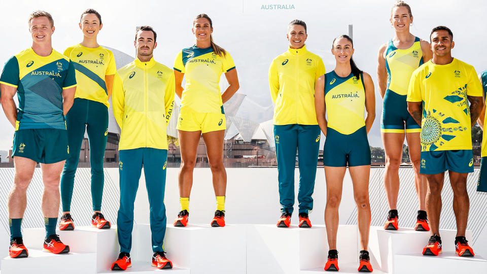 Athletes, pictured here posing form the Australian Olympic Team Tokyo 2020 uniform unveiling.