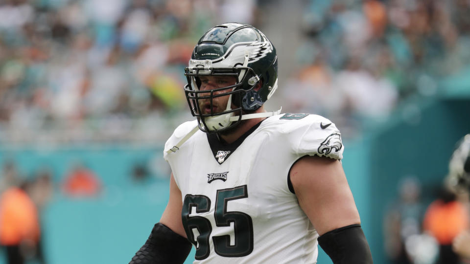 Philadelphia Eagles offensive tackle Lane Johnson (65) waits for play to resume, during the first half at an NFL football game against the Miami Dolphins, Sunday, Dec. 1, 2019, in Miami Gardens, Fla. (AP Photo/Lynne Sladky)