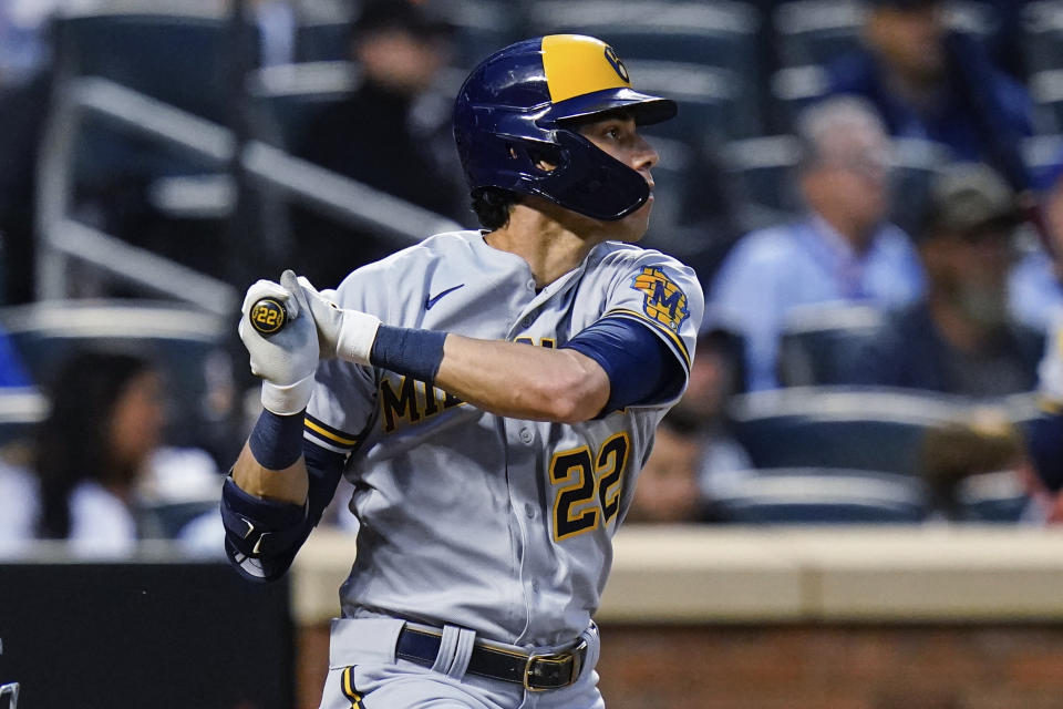 Milwaukee Brewers' Christian Yelich watches his home run during the fourth inning of the team's baseball game against the New York Mets on Thursday, June 16, 2022, in New York. (AP Photo/Frank Franklin II)