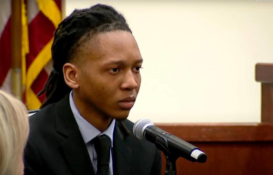 Timothy Simpkins testifies during the punishment phase of his trial on July 24, 2023, in Fort Worth. Simpkins was found guilty of attempted capital murder in the 2021 shooting at Timberview High in Arlington.