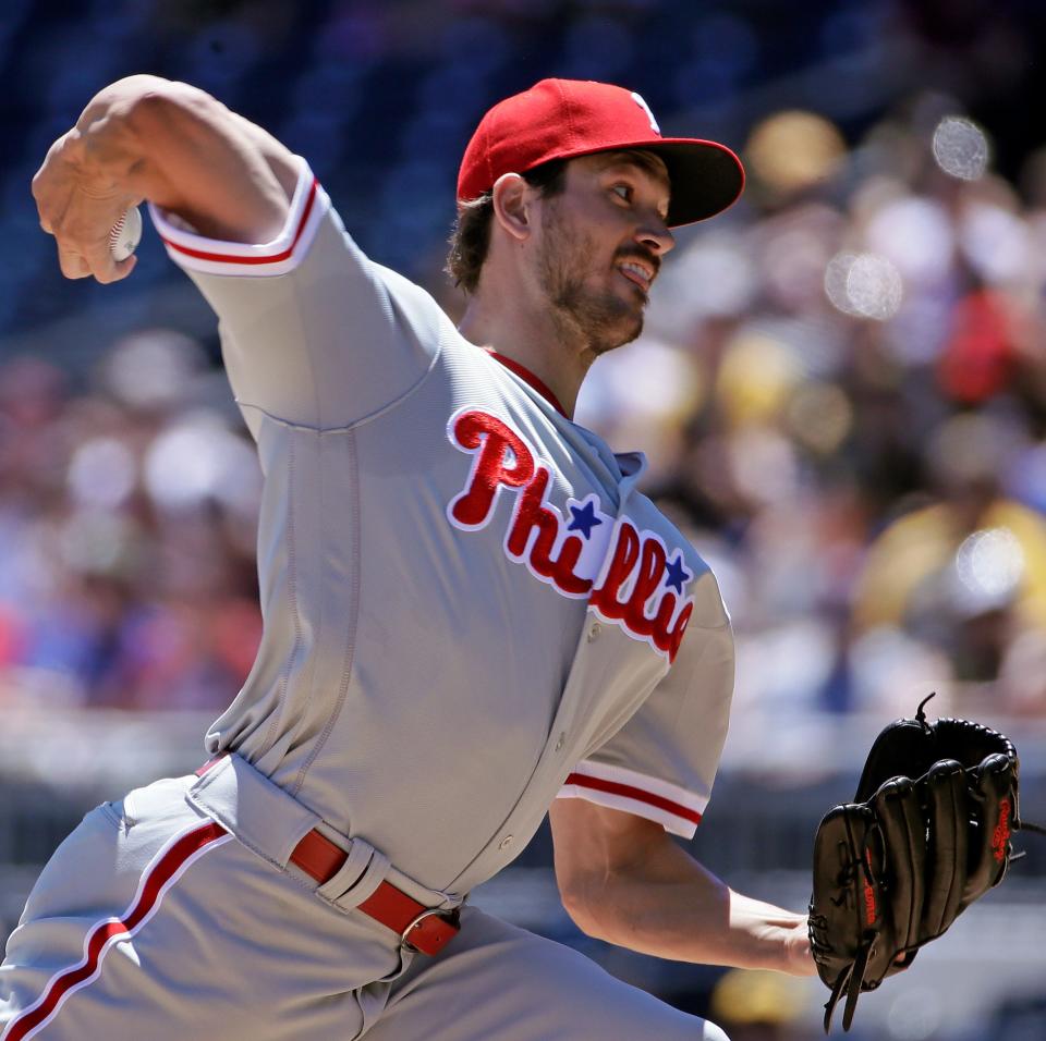 Philadelphia Phillies starting pitcher Drew Anderson delivers in the first inning of a baseball game against the Pittsburgh Pirates in Pittsburgh, Sunday, July 8, 2018. (AP Photo/Gene J. Puskar)