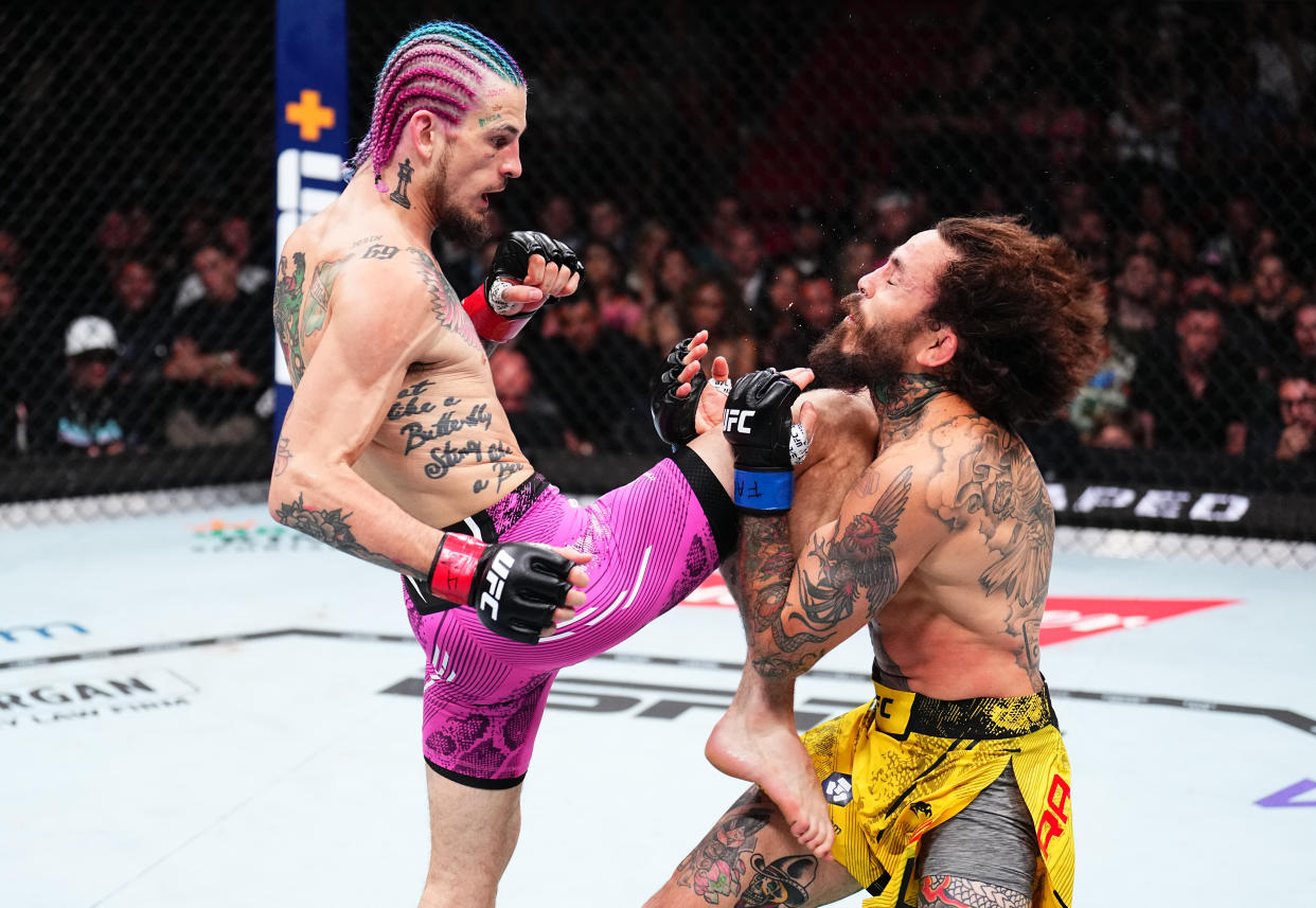 MIAMI, FLORIDA - MARCH 09: (L-R) Sean O'Malley knees Marlon Vera of Ecuador in the UFC bantamweight championship fight during the UFC 299 event at Kaseya Center on March 09, 2024 in Miami, Florida. (Photo by Chris Unger/Zuffa LLC via Getty Images)