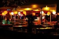 Empty tables of a restaurant are pictured, in Berlin's Mitte district