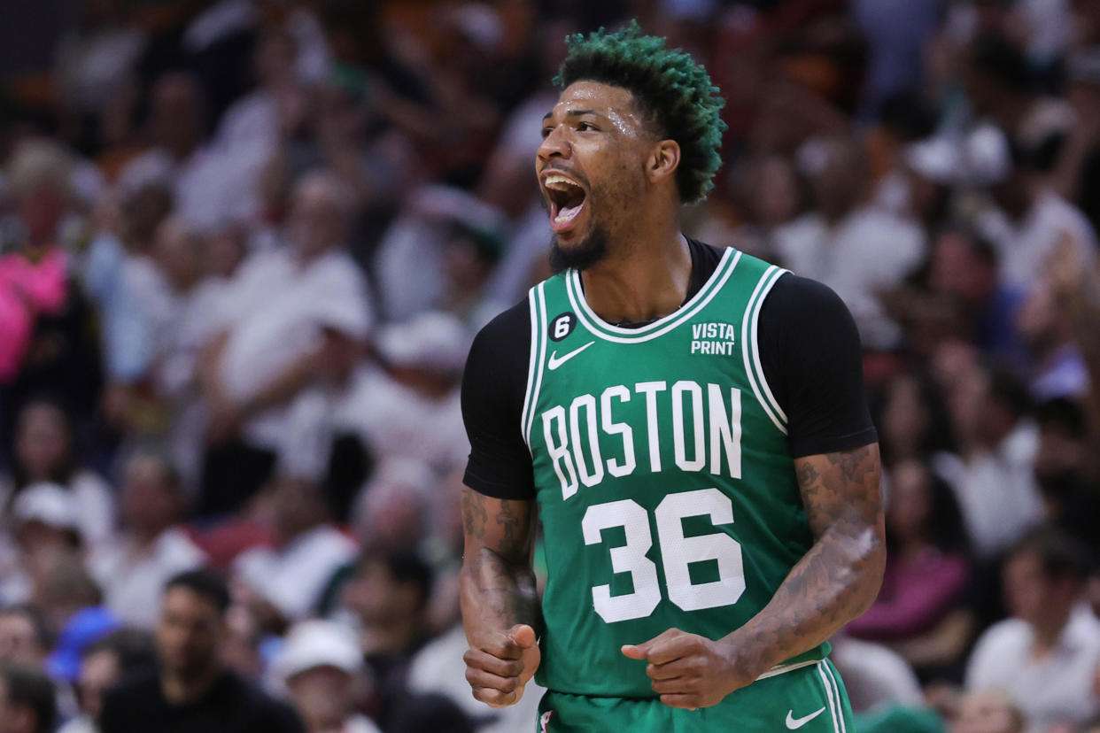 Marcus Smart and the Boston Celtics kept their season alive on Tuesday night. (Photo by Megan Briggs/Getty Images)