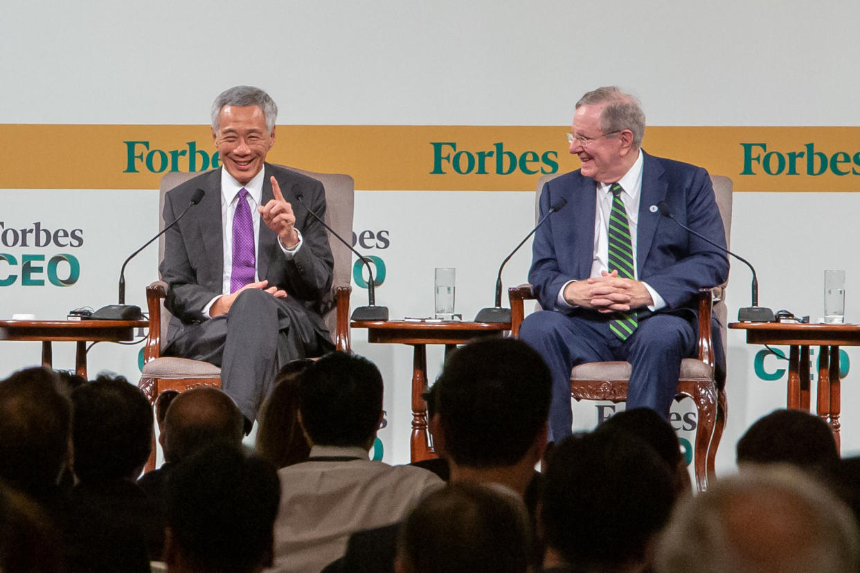 Singapore Prime Minister Lee Hsien Loong (left) and Forbes editor-in-chief Steve Forbes at the Forbes Global CEO Conference on Wednesday, 16 October 2019. PHOTO: Dhany Osman/Yahoo News Singapore  